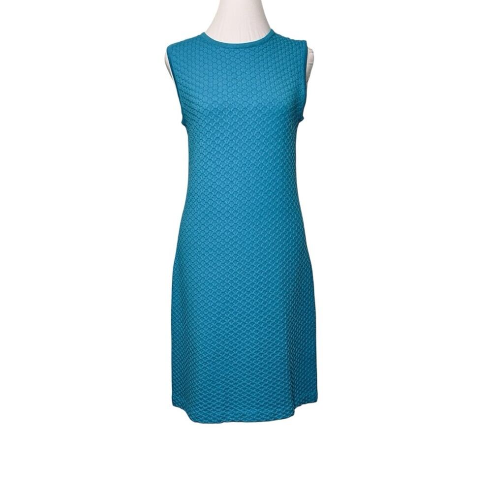 Biana Dress Size 6 Sleeveless Scalloped Stretch Knit Teal Comfort Work or Casual